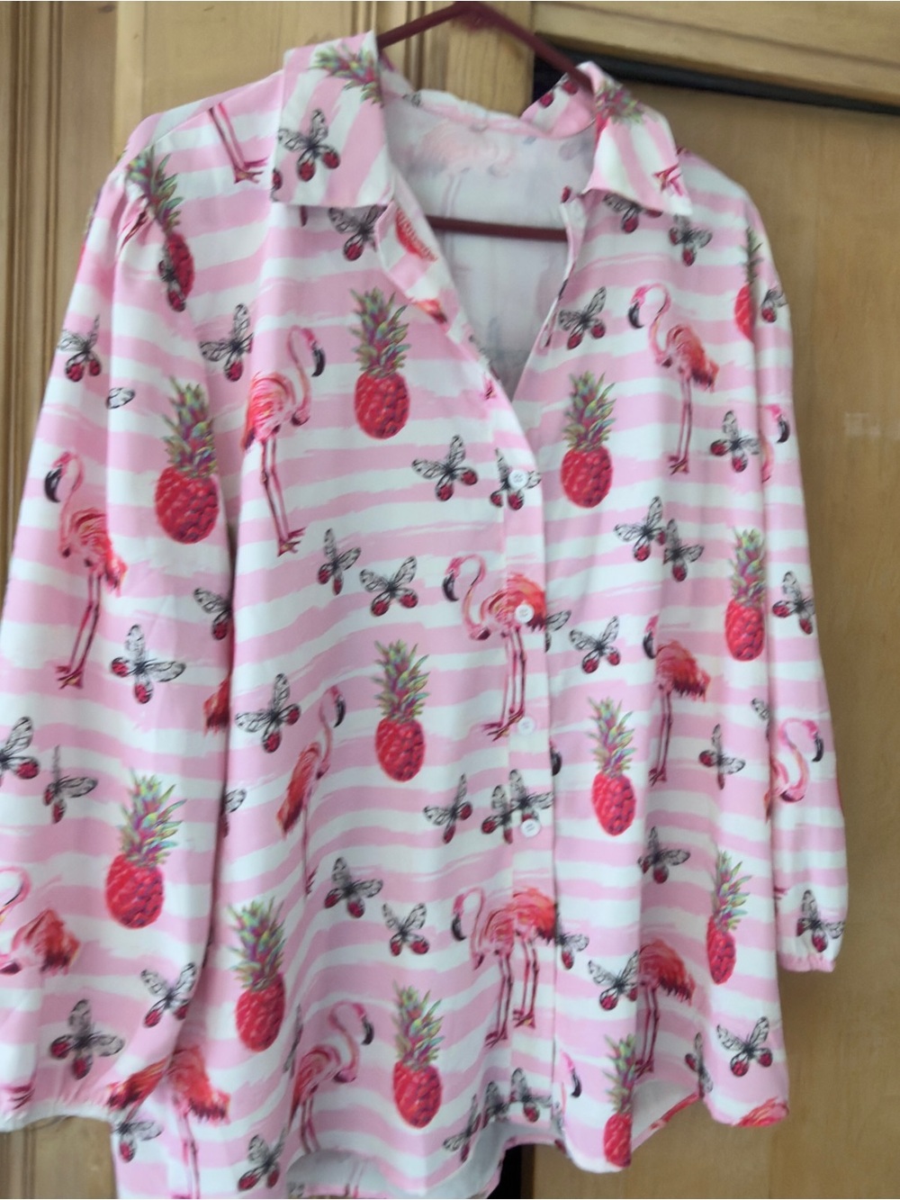 Pink and White Striped Button-Up Blouse with Flamingo & Pineapple Print XL